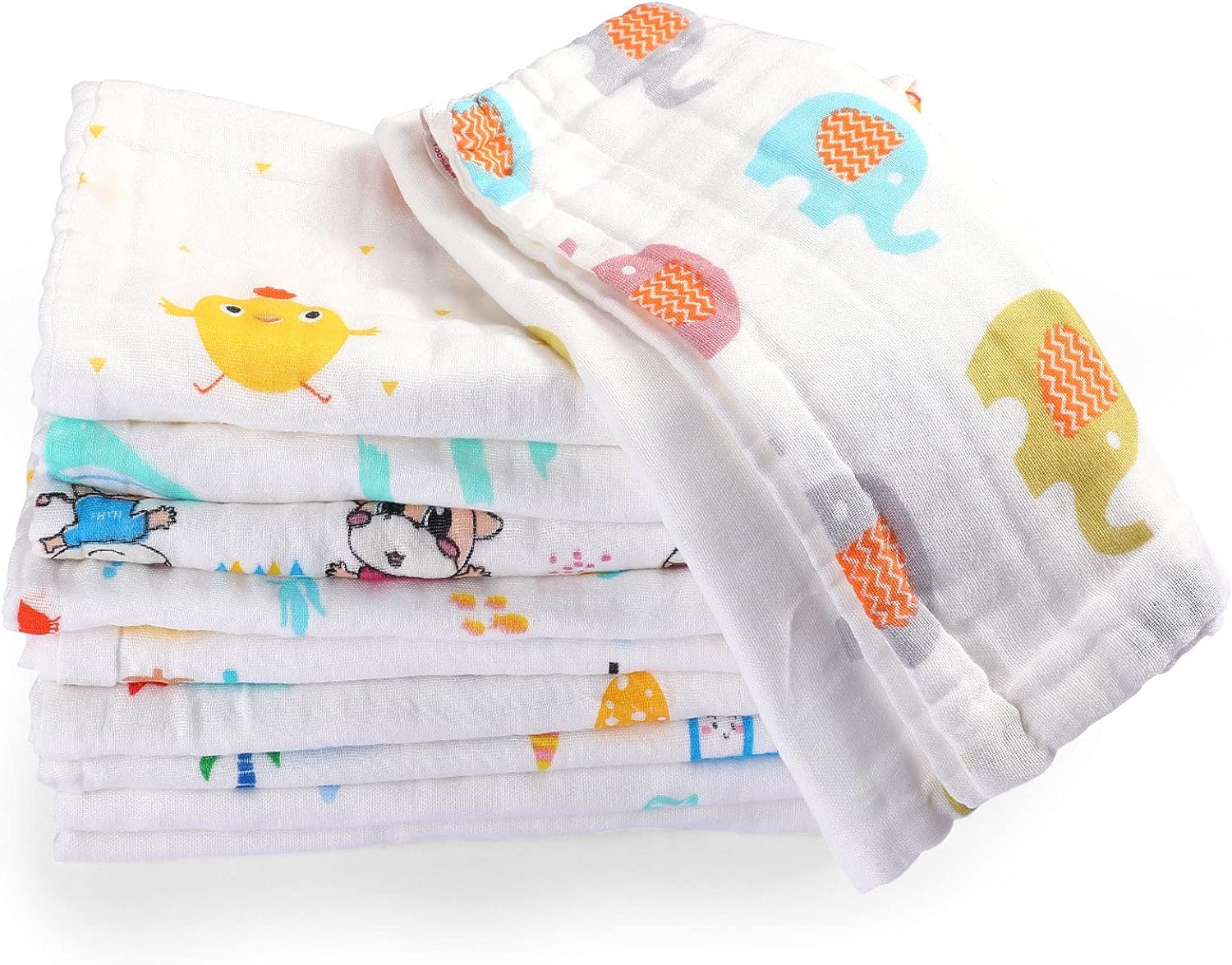 251026150909114_1 10 Pieces Baby Burp Cloth 10 x 20 inches 6 Layer Soft Absorbent Muslin Newborn Towel for Baby Shower Machine Washable, for Sensitive Skin Baby (Animal Pattern) - Image 1